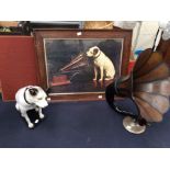 HMV reproduction dog, framed HMV print along with wooden gramophone horn.