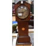 Edwardian mantle clock in the style of a long case clock, Roman numerals, with batwing inlay,