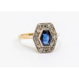 An Art Deco synthetic sapphire and diamond 18ct gold ring, comprising a hexagonal synthetic sapphire
