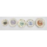 Five early 19th century hand-tinted, humorous, lustre plates and dishes of 19th century scenes