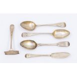 Three 19th Century Old English Pattern teaspoons together with a 20th Century butter knife and a