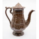 A very large silver shaped Brampton Chesterfield salt glazed coffee pot and cover, c.1835, the