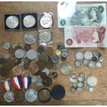 Collection of British and World coins, including Pre 20 and Pre 47 Silver, 1935 Crown, Banknotes,