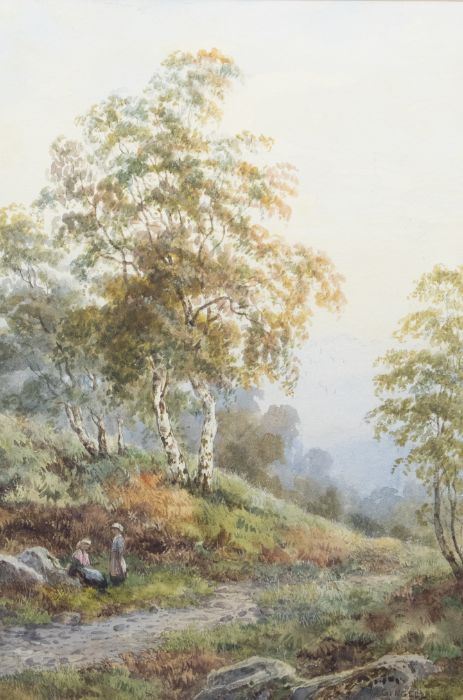 Albert E. Gyngell (British, fl.1874-1891) Figures resting in wooded landscape watercolour, 24 x