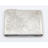 A Victorian Aesthetic silver card case, the front engraved with two birds above the sun within