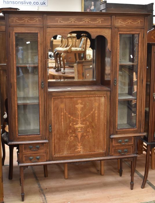 An Edwardian part-glazed display cabinet with Adam style inlay, glazed sides flanking open