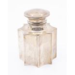 A George V silver inverted octagonal tea caddy and cover, plain body, hallmarked by Robert