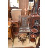 Late 19th century carved oak chair, Edwardian jardiniere stand, small triangular table and cake