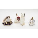 Three Royal Crown Derby Gold Stopper paperweights Frog, West Highland Terrier & Bunny