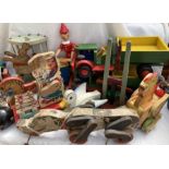 Toys: A collection of assorted vintage wooden toys to include: Fisher Price Hen, Sniffy pull along