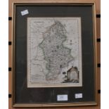 Framed, hand-tinted map of Staffordshire, 19th century