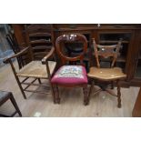 19th Century oak country kitchen armchair, ladder back, reeded seat, along with Victorian balloon