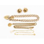 A collection of 9ct gold jewellery to include a curb link bracelet with padlock clasp, St