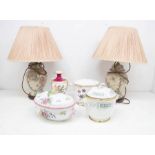 Collection of Coalport Spode dishes and planters, along with a pair of Chinese decorative lamps with