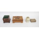 A collection of treen boxes, 19th Century pin cushion, box with key, Indian box, cigar box and a