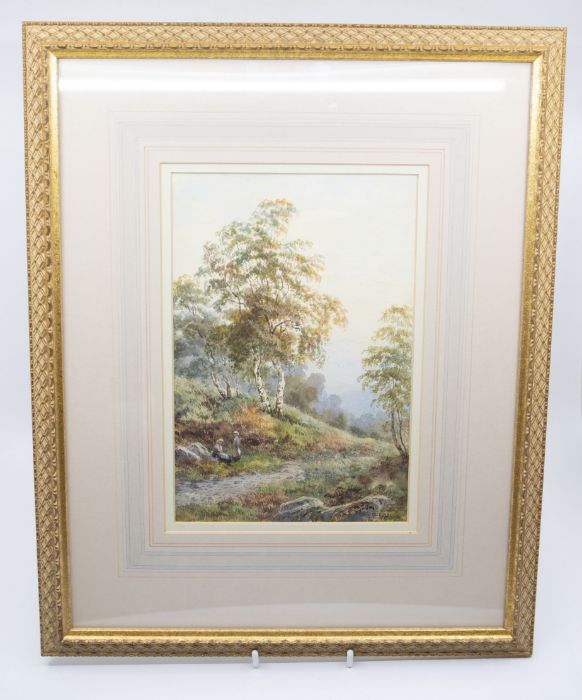 Albert E. Gyngell (British, fl.1874-1891) Figures resting in wooded landscape watercolour, 24 x - Bild 2 aus 3