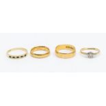 Two 22ct gold bands, widths approx 6 and 4mm, sizes K1/2 and Q1/2, weight approx 8.3gms along with a
