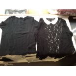 Two tops; one by DKNY and one by Chanel, in lace; DKNY lace blouse with cream silk, with Peter Pan