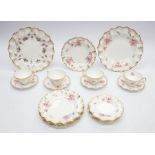 Four Royal Crown Derby Pinxton Roses trios, four plates, one larger plate, some are second