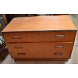 Collection of 1970s G-plan teak: a pair of three sets of drawers; a corner TV stand; a two shelf bar