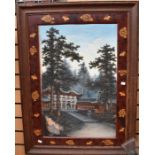 Early to mid 20th century Chinese hand-painted panel of a building scene