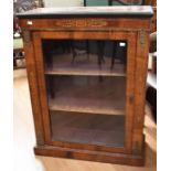 A Victorian rosewood and brass inlaid bookcase, single glazed door, 75cm wide x 97cm high x 32cm