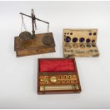 19th century Weighing Scales in an oak case with 19th century weights in a box and a late 19th