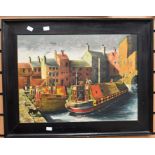 Oil on canvas of canal barges mooring up in the Birmingham area, signed Bickerstaff