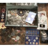 British and World Coins in large strong box (with key), includes Victorian bun head pennies