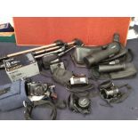 Collection of 20th and 21st century cameras, tripod and accessories