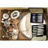 A collection of plate to include: teaset & tray, wine funnel, cheese scoop etc