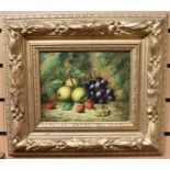 R Casper (British Contemporary) a pair, still life of fruit, oil on board, signed l l, in gilt gesso