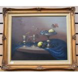 A still-life of fruit and glasses on a table by Mainazy, oil on canvas, framed, mid to late 20th