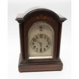 Early 20th century 8 day chiming mahogany mantle clock with inlay detail silvered face Arabic