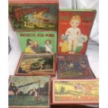 Games: A collection of assorted vintage games to include Aviation, Jungle Shooting, Blow Football,