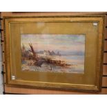 A 19th century English School watercolour of a seaside or large lake scene with figures by a