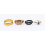 A 22ct gold wedding band, weight approx 3.9gms, size S, a 9ct gold signet ring, size T and a 9ct