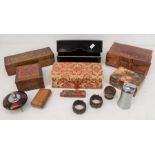 Collection of treen and treen boxes including lacquered Chinese box, late 19th Century glove boxes,