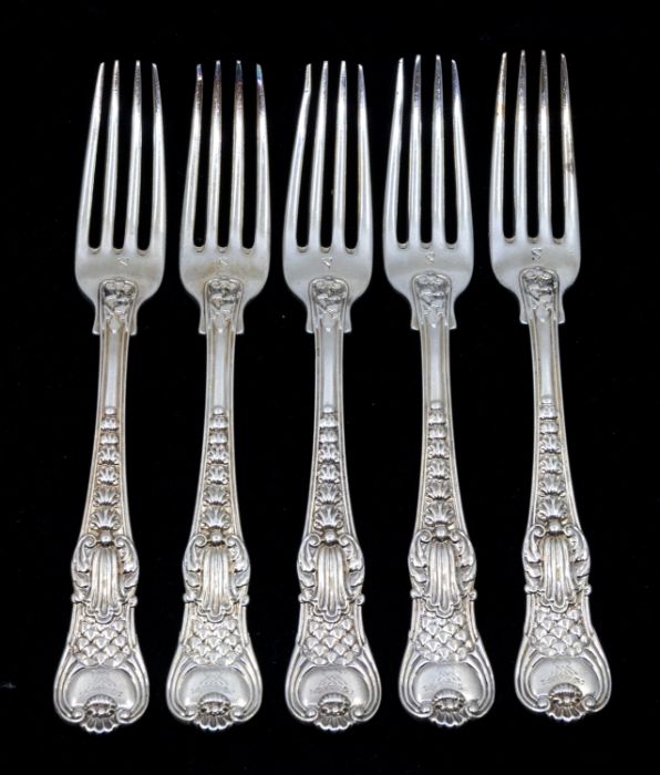 Paul Storr: A set of five George IV silver Coburg pattern dessert forks, each handle engraved with