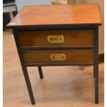 Campaign style two drawer stand in mahogany with tapered legs and campaign handles 63 x 54 x 38cm