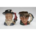 Two Royal Doulton character jugs, 20th century: Sir Walter Raleigh D7169 and The Poacher D6429. Size