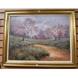 Large Oil on Canvas Furnishing picture of Landscape with Poppies and Trees, indistinctly signed l