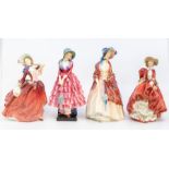 Four Royal Doulton figurines including Priscilla HN1340, Top o the Hill HN1834, Paisley Shawl