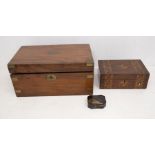 A 19th century mahogany writing box, a 19th century inlaid trinket box, along with a 19th century