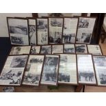 A collection of framed Newspaper style cuttings chronologically ordered from late Victorian time