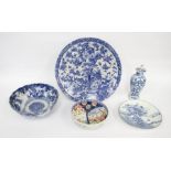 A Chinese four character mark lidded dragon vase, an export ware bowl, a plate, another bowl and a