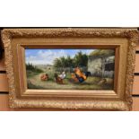 H Hooper (British Contemporary)  oil on board of a farmyard scene of cockerels and chickens,
