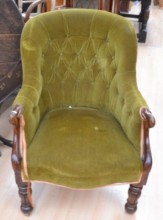 A Victorian button-back armchair, an Edwardian mahogany armchair and a reproduction 17th century