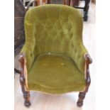 A Victorian button-back armchair, an Edwardian mahogany armchair and a reproduction 17th century