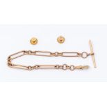 A 9ct rose gold watch chain comprising lozenge and oval links, T bar and swivel clasp, length approx
